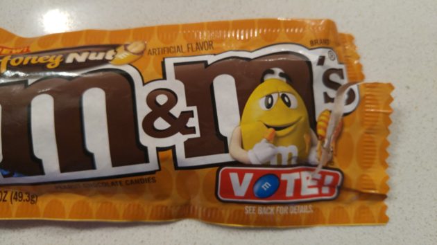 They even made the M&M on the package look stoned, because drugs are the only thing that could possibly make these palatable.