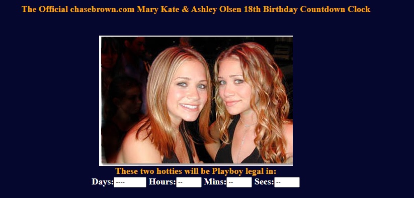 Screencap of a website with a picture of the Olson Twins and a countdown timer